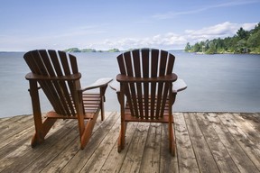 Adirondack chairs on a wood dock.