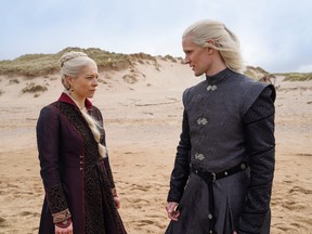 Emma D’Arcy as Princess Rhaenyra Targaryen and Matt Smith as Prince Daemon Targaryen in a scene from House of the Dragon.