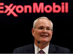 Darren Woods, Chairman & CEO of Exxon Mobil Corporation speaks during a news conference at the New York Stock Exchange (NYSE) in New York, U.S., March 1, 2017.
