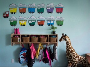 Children's backpacks and shoes are seen at a CEFA (Core Education and Fine Arts) Early Learning daycare franchise, in Langley, B.C., on May 29, 2018.