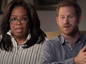 Oprah Winfrey and Prince Harry in a publicity still for their coming series.