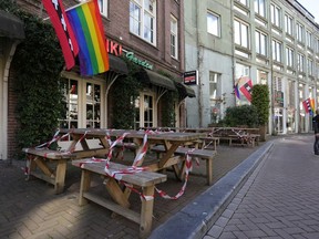 A closed restaurant terrace is seen as the Netherlands face the prospect of extended lockdown amidst rising infections, Amsterdam, Netherlands, April 13, 2021.