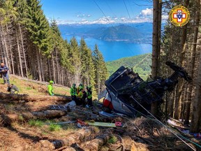 A crashed cable car is seen after it collapsed in Stresa, near Lake Maggiore, Italy May 23, 2021.