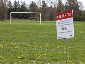 A soccer field is closed by order the province of Ontario in Mt. Brydges , Ont. on Monday April 19, 2021.