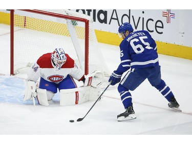 Toronto Maple Leafs Ilya Mikheyev RW (65) dangles the puck in front of Montreal Canadiens Jake Allen G (34) during second period action in Toronto on Thursday May 6, 2021. Jack Boland/Toronto Sun/Postmedia Network