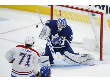 Toronto Maple Leafs Jack Campbell G (36) makes a blocker save  during third period action in Toronto on Thursday May 6, 2021. Jack Boland/Toronto Sun/Postmedia Network