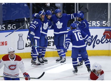 Toronto Maple Leafs Auston Matthews C (34) celebrates his 40th goal of the season during third period action in Toronto on Thursday May 6, 2021. Jack Boland/Toronto Sun/Postmedia Network