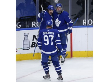 Toronto Maple Leafs Auston Matthews C (34) celebrates his 40th goal of the season during third period action in Toronto on Thursday May 6, 2021. Jack Boland/Toronto Sun/Postmedia Network