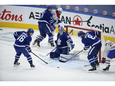 Toronto Maple Leafs Jack Campbell G (36) follows the puck as the Leafs to to clear it during third period action in Toronto on Thursday May 6, 2021. Jack Boland/Toronto Sun/Postmedia Network