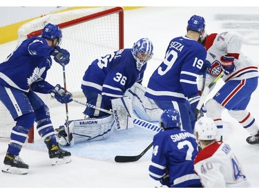 Toronto Maple Leafs Jack Campbell G (36) tracking the puck during second period action in Toronto on Thursday May 6, 2021. Jack Boland/Toronto Sun/Postmedia Network