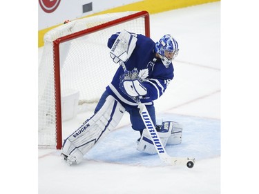 Toronto Maple Leafs Jack Campbell G (36) makes a save and fires the puck up the ice during second period action in Toronto on Thursday May 6, 2021. Jack Boland/Toronto Sun/Postmedia Network