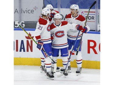 Montreal Canadiens Cole Caufield (22) celebrates a goal during second period action in Toronto on Thursday May 6, 2021. Jack Boland/Toronto Sun/Postmedia Network