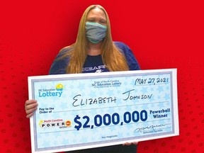 Elizabeth Johnson of North Carolina bought her Powerball ticket too late for last Wednesday’s drawing, but won $2 million in Saturday’s. (NC Lottery)