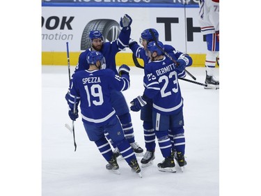 Toronto Maple Leafs Pierre Engvall LW (47) is congratulated for scoring during first period action in Toronto on Thursday May 6, 2021. Jack Boland/Toronto Sun/Postmedia Network