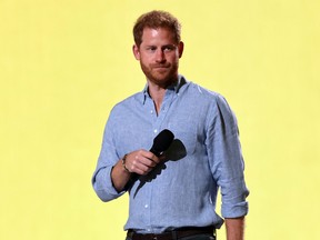 Prince Harry speaks onstage during Global Citizen VAX LIVE: The Concert To Reunite The World at SoFi Stadium in Los Angeles.