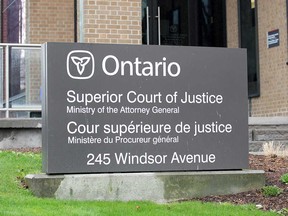 A sign at the Superior Court of Justice building in Windsor.