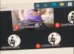 A screengrab from a clip of a virtual classroom session at St. Stephen Catholic Secondary School in Bowmanville shows a man with his hand down his pants.