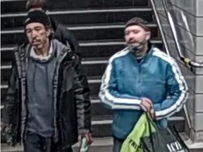 Investigators need help identifying these two men who are suspected of threatening an assaulting another man a Bathurst TTC station on Friday, May 7, 2021.