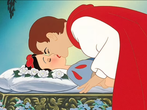 Prince Charming kissing Snow White.