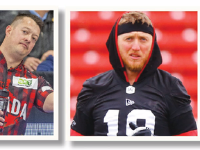 Olympic curler Ben Hebert (left) and Stampeders star quarterback Bo Levi Mitchell