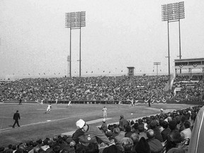 A view of Montreal's Jarry Park and fans during the home opener between the Montreal Expos and the St. Louis Cardinals on April 8, 1970.