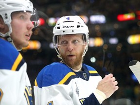 Carl Gunnarsson of the St. Louis Blues looks on against the Boston Bruins during the second period in Game Two of the 2019 NHL Stanley Cup Final at TD Garden on May 29, 2019 in Boston, Massachusetts.