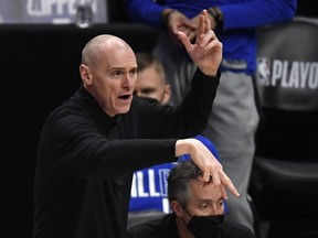 Head coach Rick Carlisle of the Dallas Mavericks directs his team in the first half of Game Five of the Western Conference first round series against Los Angeles Clippers at Staples Center on June 2, 2021 in Los Angeles, California.