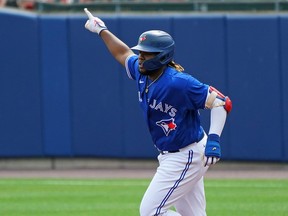 Vladimir Guerrero Jr. of the Toronto Blue Jays celebrates after hitting a two-run home run during the third inning against the Baltimore Orioles at Sahlen Field on Saturday.