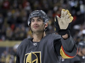 Max Pacioretty of the Vegas Golden Knights waves as he celebrates the team's victory over the Minnesota Wild at T-Mobile Arena on May 28, 2021 in Las Vegas.