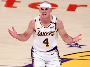 Alex Caruso of the Los Angeles Lakers reacts after being called for a foul during the second half of Game Four of the Western Conference first-round playoff series against the Phoenix Suns at Staples Center on May 30, 2021 in Los Angeles, California.
