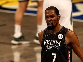 Kevin Durant #7 of the Brooklyn Nets celebrates in the first quarter against the Milwaukee Bucks during game two of the Eastern Conference second round series at Barclays Center on June 07, 2021