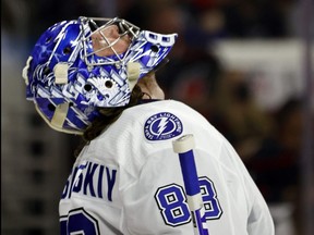 Andrei Vasilevskiy of the Tampa Bay Lightning reacts during the third period in Game 5 of their series against the Carolina Hurricanes at PNC Arena on June 08, 2021 in Raleigh, North Carolina.