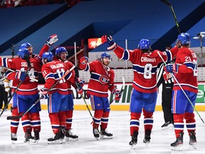 The Montreal Canadiens celebrate their series win over Vegas on Friday night at the Bell Centre.