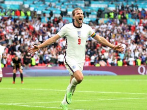 Harry Kane of England celebrates after scoring their side's second goal during the UEFA Euro 2020 Championship Round of 16 match between England and Germany at Wembley Stadium on Tuesday.