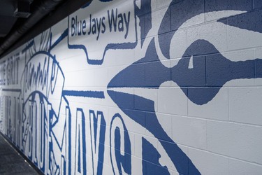 The player hallway with a Blue Jays Way sign at Sahlen Field in Buffalo.