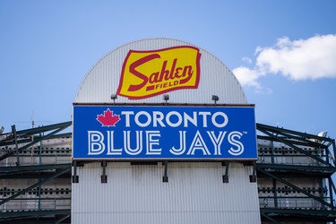 Signage at Sahlen Field in Buffalo, where the Blue Jays will play home games in 2021.