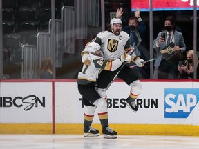 Vegas Golden Knights captain Mark Stone (61) celebrates his overtime goal with Max Pacioretty against the Colorado Avalanche in Game 5.