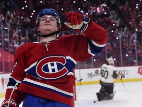 Canadiens forward Cole Caufield reacts after scoring a goal against Vegas Golden Knights goalie Robin Lehner during the second period in game six of the 2021 Stanley Cup semifinals at the Bell Centre.