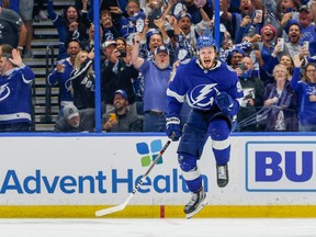 Tampa Bay Lightning defenceman Mikhail Sergachev celebrates after beating the New York Islanders 1-0 in Game 7 of their Stanley Cup Semifinals at Amalie Arena on Friday.
