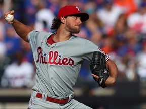 Pitcher Aaron Nola delivers a pitch in the fifth inning against the New York Mets during game one of a doubleheader at Citi Field on June 25, 2021 in New York City.