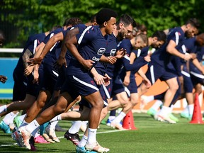 France's players take part in a training session at the team's training grounds in Clairefontaine-en-Yvelines, southwest of Paris, on June 10, 2021, ahead of the Euro 2020 competition.
