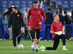 Turkey's defender Merih Demiral attends a training session at the Olympic Stadium in Rome on June 10, 2021 on the eve of the UEFA EURO 2020 Group A football match between Turkey and Italy.