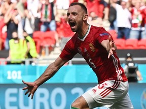 Hungary's Attila Fiola celebrates scoring the opening goal during the UEFA EURO 2020 Group F football match between Hungary and France Saturday. Getty images