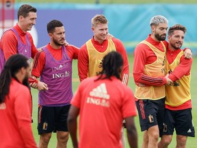 From left to right, Belgium's midfielder Hans Vanaken, forward Eden Hazard, midfielder Kevin De Bruyne, midfielder Yannick Ferreira-Carrasco and forward Dries Mertens attend a training session  in Tubize on June 24, 2021.