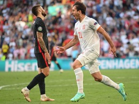 Spain's forward Mikel Oiarzabal celebrates after scoring his team's fifth goal during the UEFA EURO 2020 round of 16 football match between Croatia and Spain at the Parken Stadium in Copenhagen on June 28, 2021.
