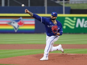 Toronto Blue Jays starting pitcher Alek Manoah throws a pitch during the first inning against Baltimore Orioles at Sahlen Field in Buffalo, June 25, 2021.