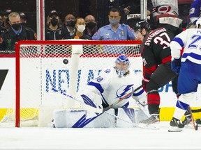 Tampa Bay Lightning goaltender Andrei Vasilevskiy stops Carolina Hurricanes right wing Andrei Svechnikov second period shot in Game 5 of the second round of the 2021 Stanley Cup Playoffs at PNC Arena in Raleigh, N.C., June 8, 2021.