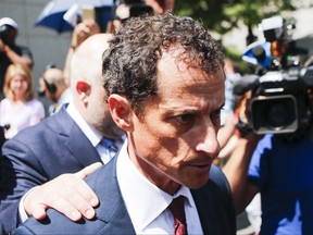 Former Democratic Congressman Anthony Weiner exits federal court in Manhattan after pleading guilty in sexting case on May 19, 2017 in New York City.