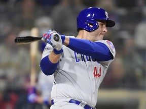 Anthony Rizzo of the Chicago Cubs hits a single against the San Diego Padres at Petco Park on June 7, 2021 in San Diego.