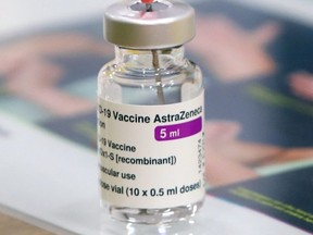 A vial of Oxford/AstraZeneca's COVID-19 vaccine is seen at a vaccination centre in Antwerp, Belgium, March 18, 2021.
